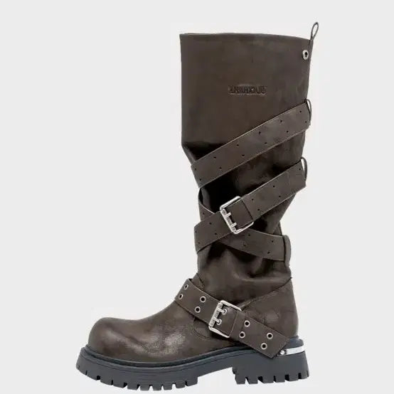 [BUNJANG] Blackpurple Rusk Strap Slouched Boots - Brown / 블랙퍼플 러스크 스트랩 슬라우치드 부츠 브라운