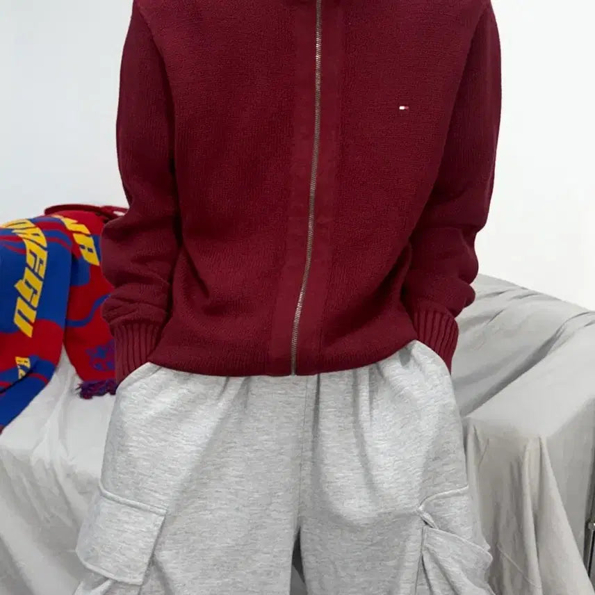 [BUNJANG] Tommy Hilfiger Burgundy Knit Zip-Up L / 타미 힐피거 버건디 니트 집업 L