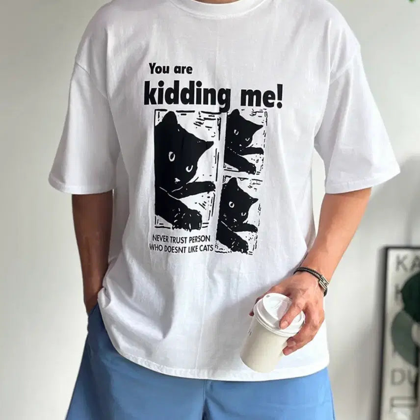 [BUNJANG] Cat Graphic Short Sleeve T-Shirt White / 고양이 그래픽 반팔 티셔츠 화이트