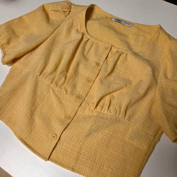[BUNJANG] Mixxo Yellow Checkered Blouse / 미쏘 노란색 체크무늬 블라우스 (1회 착용)