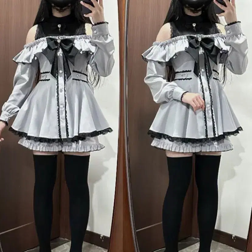[BUNJANG] Geographical Mine Style Ribbon Lace Mini Dress & Shorts Set (3 Colors) / 지뢰계 양산형 리본 레이스 미니 원피스+반바지 세트(3컬러)