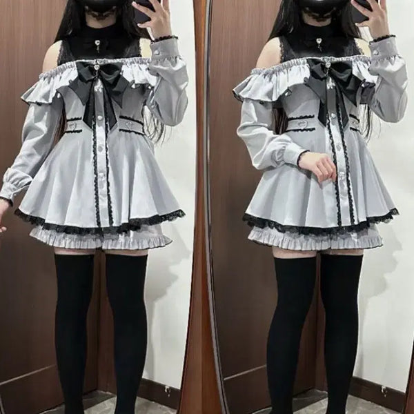 [BUNJANG] Geographical Mine Style Ribbon Lace Mini Dress & Shorts Set (3 Colors) / 지뢰계 양산형 리본 레이스 미니 원피스+반바지 세트(3컬러)