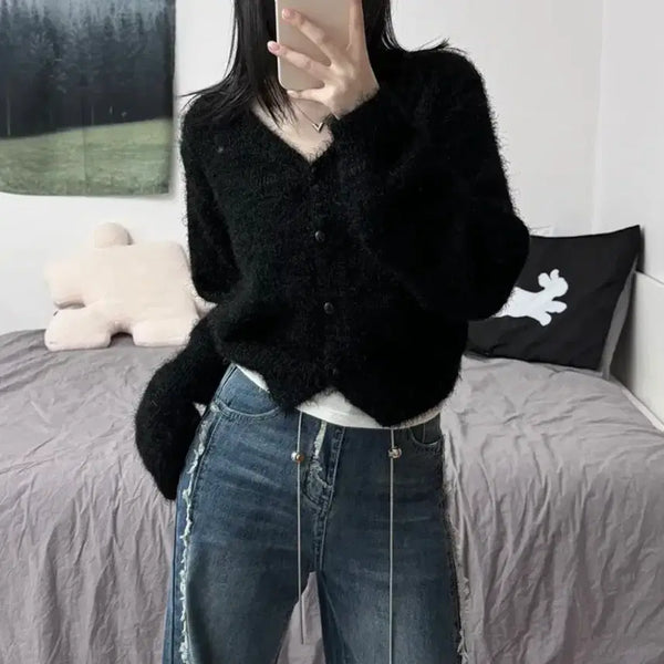 [BUNJANG] V-Neck Angora Knit Cardigan Black / 새벽 앙고라 니트 브이넥 가디건 블랙