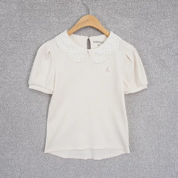 [BUNJANG] Beanpole Kids 22SS Lace Collar Ribbed Puff T-shirt Light Beige 140 / 빈폴 22SS 키즈 레이스카라 골지 퍼프 티셔츠 140size