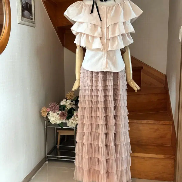[BUNJANG] Ruffle Frill Tiered Blouse and Skirt Set / 러플 프릴 캉캉 블라우스. 앤 캉캉 샤 스커트