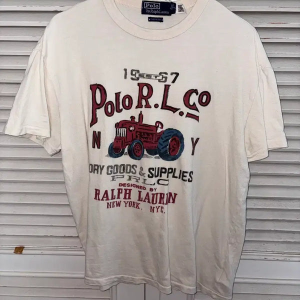 [BUNJANG] Polo Ralph Lauren Tractor Print Short Sleeve T-Shirt Ivory / 폴로 랄프로렌 트랙터 프린트 반팔 티셔츠 아이보리