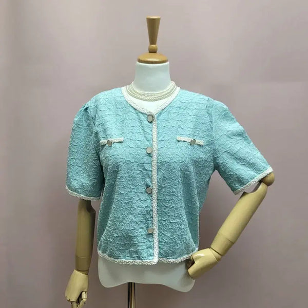 [BUNJANG] Mint Tweed Line Cardigan / 소라민트 배색  트위드 라인 가디건