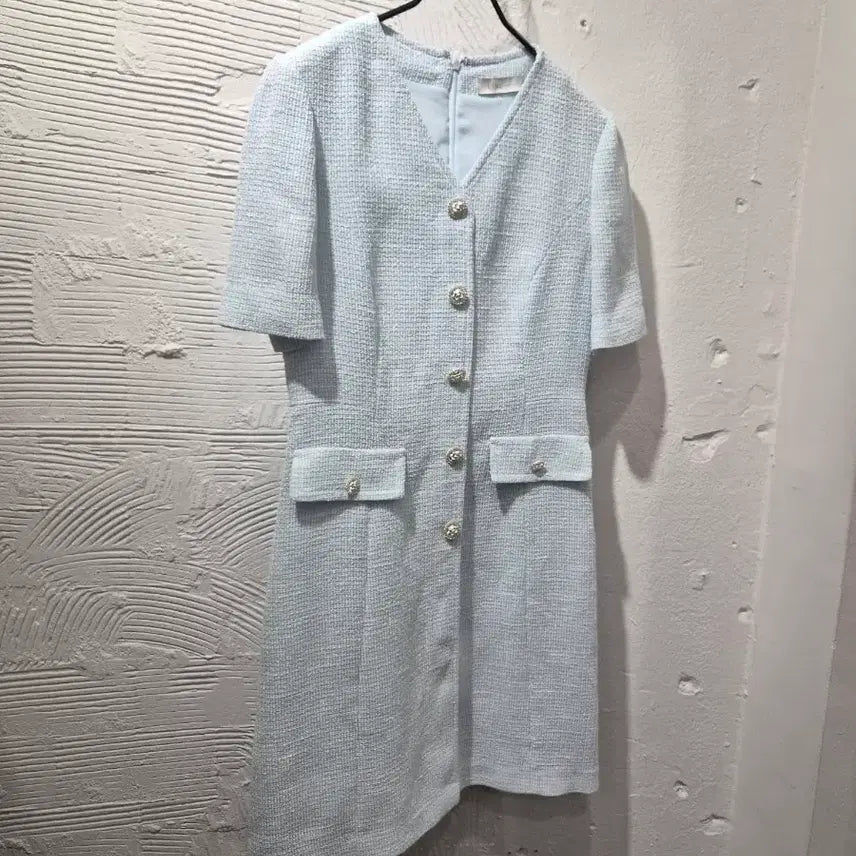 [BUNJANG] Line Sky Blue Tweed Short-Sleeve Dress / 라인 하늘색 트위드 원피스
