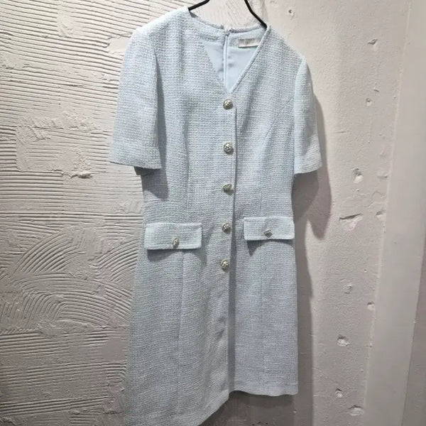 [BUNJANG] Line Sky Blue Tweed Short-Sleeve Dress / 라인 하늘색 트위드 원피스