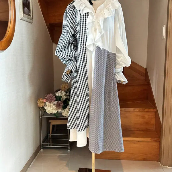 [BUNJANG] Frill Blouse and Check Pattern Long Dress Set / 프릴 블라우스 체크 패턴 윈피스