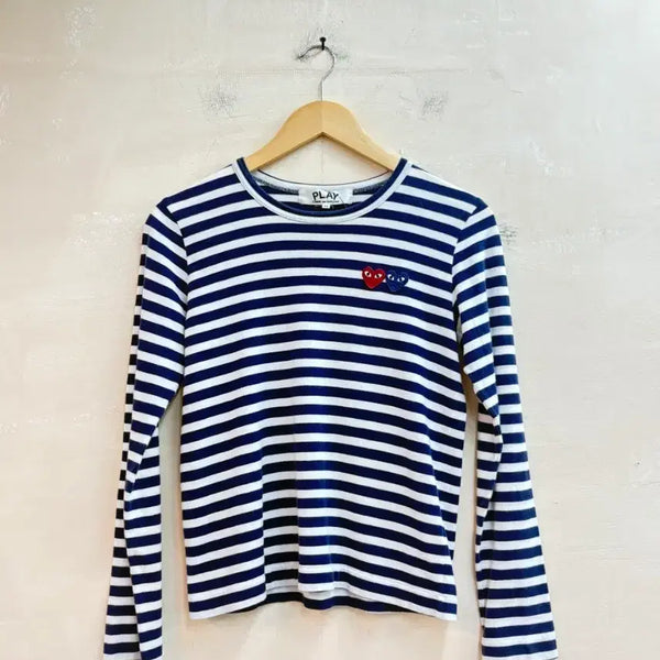 [BUNJANG] Comme des Garçons Double Heart Appliqué Striped Long Sleeve T-Shirt / 꼼데가르송 더블하트 와펜 스트라이프 롱슬리브 긴팔티