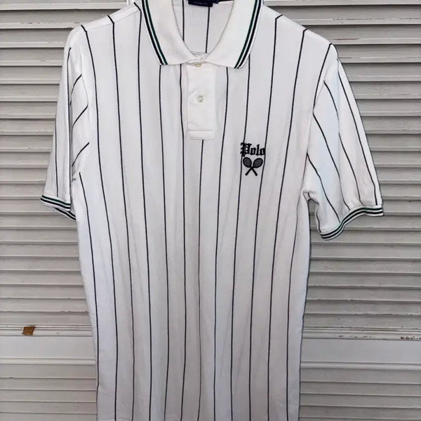 [BUNJANG] Polo Ralph Lauren Striped Short Sleeve Polo Shirt with Tennis Racket Embroidery / 폴로 랄프로렌 스트라이프 반팔 카라티 테니스 라켓