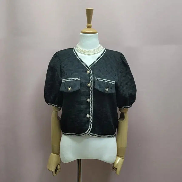 [BUNJANG] Color Block Line Puff Sleeve Cardigan / 배색 라인 퍼프 가디건