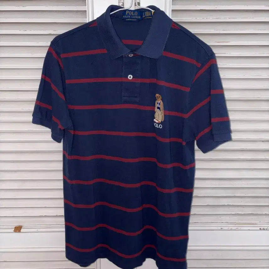 [BUNJANG] Polo Ralph Lauren Polo Bear Embroidered Striped Rugby Shirt Navy / 폴로 랄프로렌 폴로 베어 자수 스트라이프 카라티 네이비