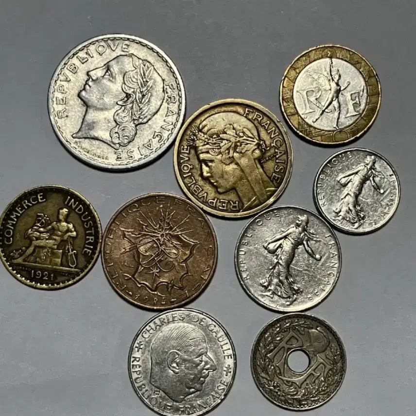 [BUNJANG] French Franc Coin Collection (9 Types) - Featuring Charles de Gaulle & Eiffel Tower / 구권 프랑스 프랑(Franc) 동전 9종 일괄  샤를드골/에펠