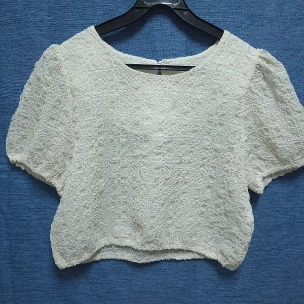 [BUNJANG] Cropped Puff Short Sleeve Knit - White / 크롭 퍼프 반팔 니트 화이트