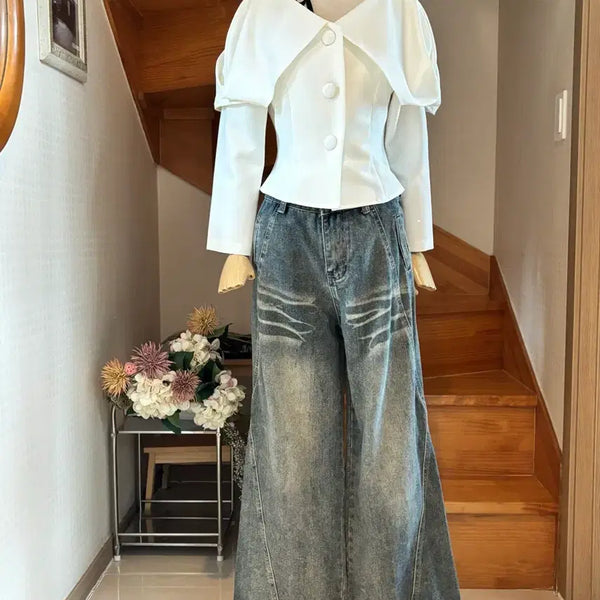 [BUNJANG] White Puff Sleeve Blouse & Jeans Set / 화이트 퍼프 슬리브 블라우스 & 청바지