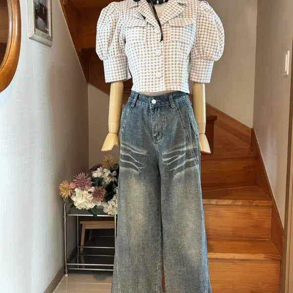 [BUNJANG] Check Puff Sleeve Cropped Jacket / 체크 퍼프 소매 크롭 자켓