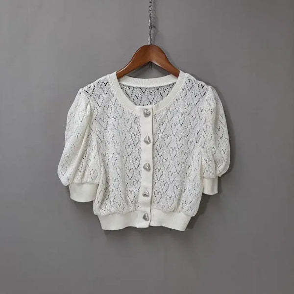 [BUNJANG] White Heart Button Crop Knit Cardigan / 화이트 하트 단추 크롭 니트 가디건