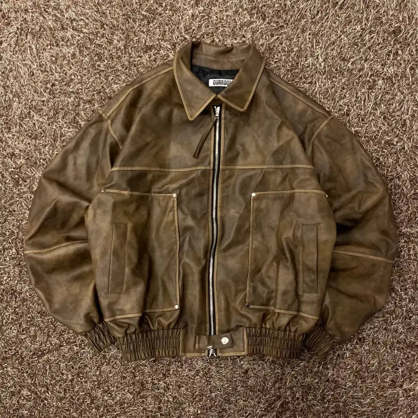 [BUNJANG] F Hour Room Leather Brown Blouson Jacket / F 아워룸 레더 브라운 블루종 자켓