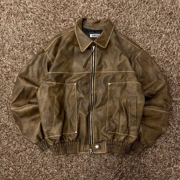 [BUNJANG] F Hour Room Leather Brown Blouson Jacket / F 아워룸 레더 브라운 블루종 자켓