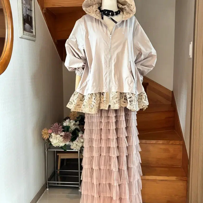 [BUNJANG] Beige Lace Hooded Jacket / 베이지 레이스 후드 자켓 레이스믹스