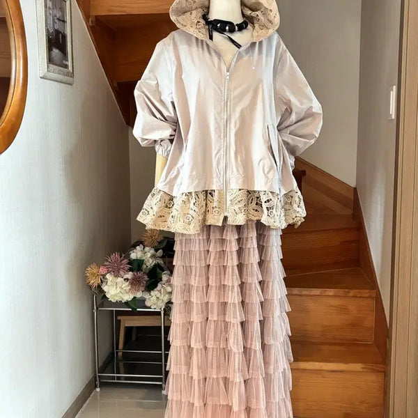 [BUNJANG] Beige Lace Hooded Jacket / 베이지 레이스 후드 자켓 레이스믹스