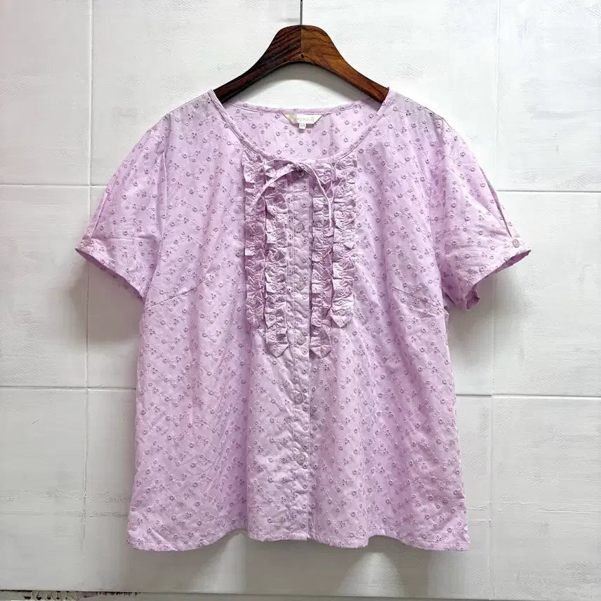 [BUNJANG] Pink Purple Ribbon Embroidered Mori Girl Cotton Blouse / 핑크 퍼플 리본 자수 모리걸 코튼 블라우스 JPN