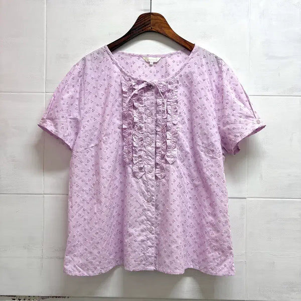 [BUNJANG] Pink Purple Ribbon Embroidered Mori Girl Cotton Blouse / 핑크 퍼플 리본 자수 모리걸 코튼 블라우스 JPN