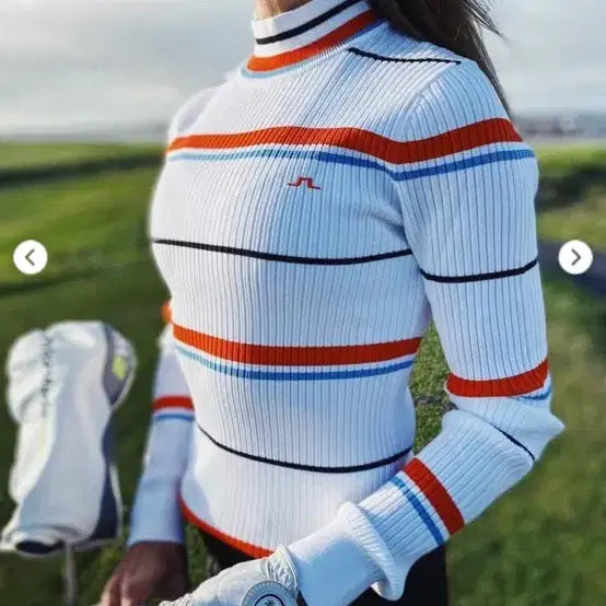 [BUNJANG] J.LINDEBERG Golf Knit Sweater - White/Orange/Blue/Black Stripe, Size M / 제이린드버그 골프 니트 M