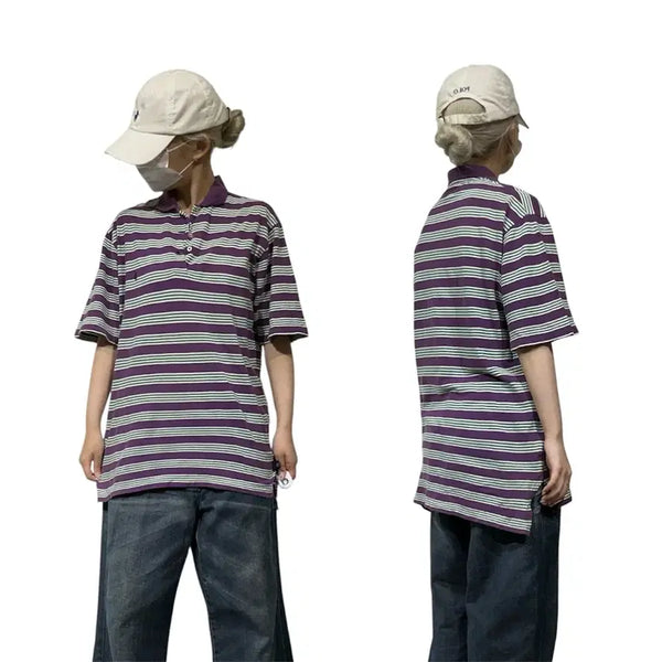 [BUNJANG] Polo Ralph Lauren Purple Stripe Short Sleeve Polo Shirt - Size S / 폴로 랄프 로렌 퍼플 스트라이프 카라 반팔티 S