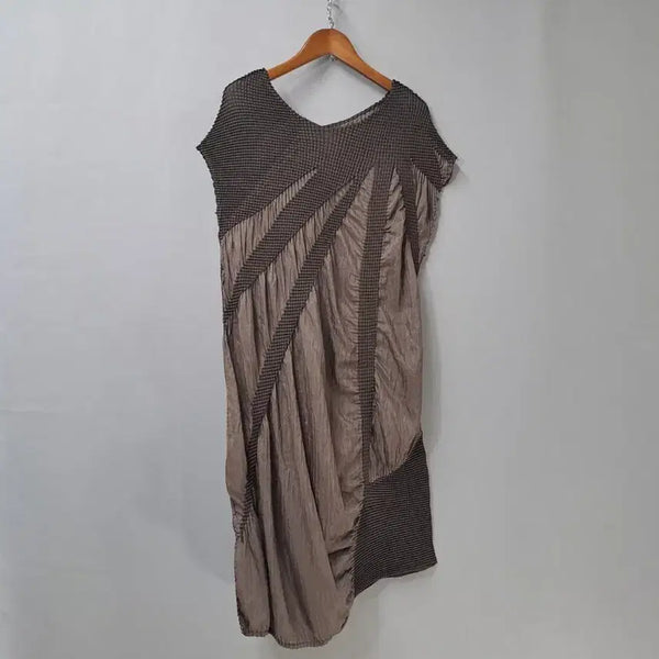 [BUNJANG] Brown Pleated Two-Tone Colorblock Asymmetrical Dress / 브라운 주름 투톤 배색 디자인 언발 원피스