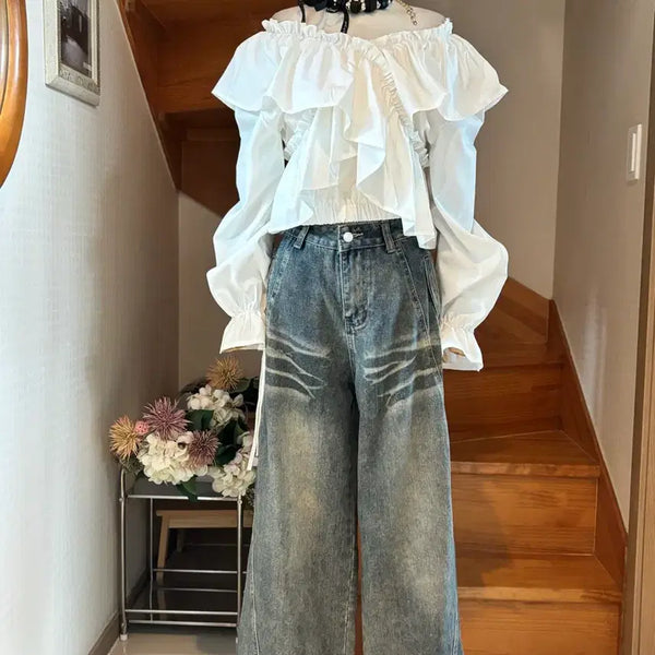 [BUNJANG] Ruffle Off-Shoulder Blouse / 프릴 오프숄더 가능. 블라우스