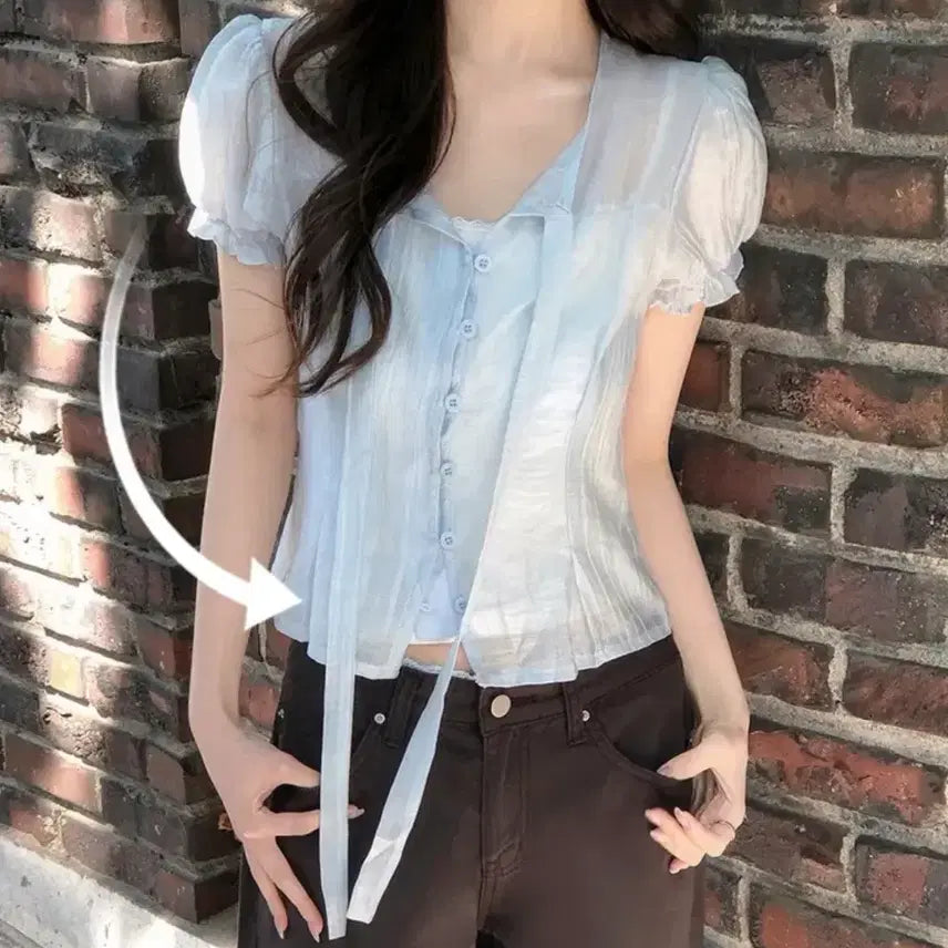 [BUNJANG] A-bly Tie Short Sleeve Blouse Sky Blue / 새상품) 에이블리 타이 반팔 블라우스 스카이블루