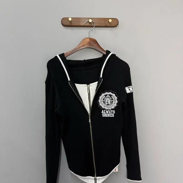 [BUNJANG] Vintage Layered Black Knit Zip-Up H3122 / 빈티지 레이어드 블랙 니트 집업 H3122