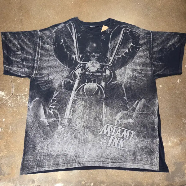 [BUNJANG] US Vintage Skull Bike Miami Ink Short Sleeve T-Shirt / 미국빈티지 스컬 바이크 마이애미 잉크 반팔티