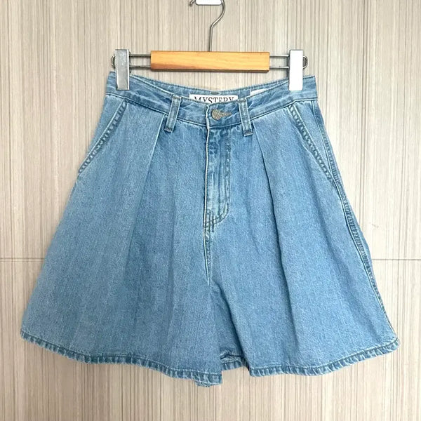 [BUNJANG] Mystery Denim Wide Pintuck Shorts / 미스터리 데님 와이드 핀턱 쇼츠, 중청 반바지