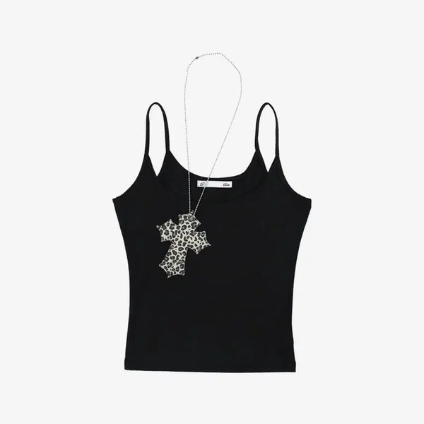 [BUNJANG] Black Leopard Cross Necklace Sleeveless Top / Black leopard cross necklace sleeveless