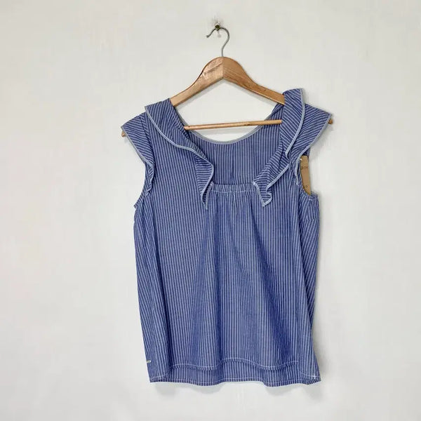 [BUNJANG] Tommy Hilfiger Striped Ruffle Blouse Sleeveless / 타미힐피거 스트라이프 러플 블라우스 나시 슬리브리스 소라블루 마린룩