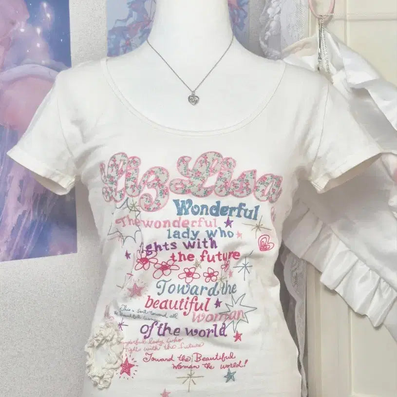 [BUNJANG] Lizlisa Heart Patch Glitter Lettering Top / 리즈리사 로걀 하트패치 글리터 레터링 탑 히메갸루 헤이세이 히메카지