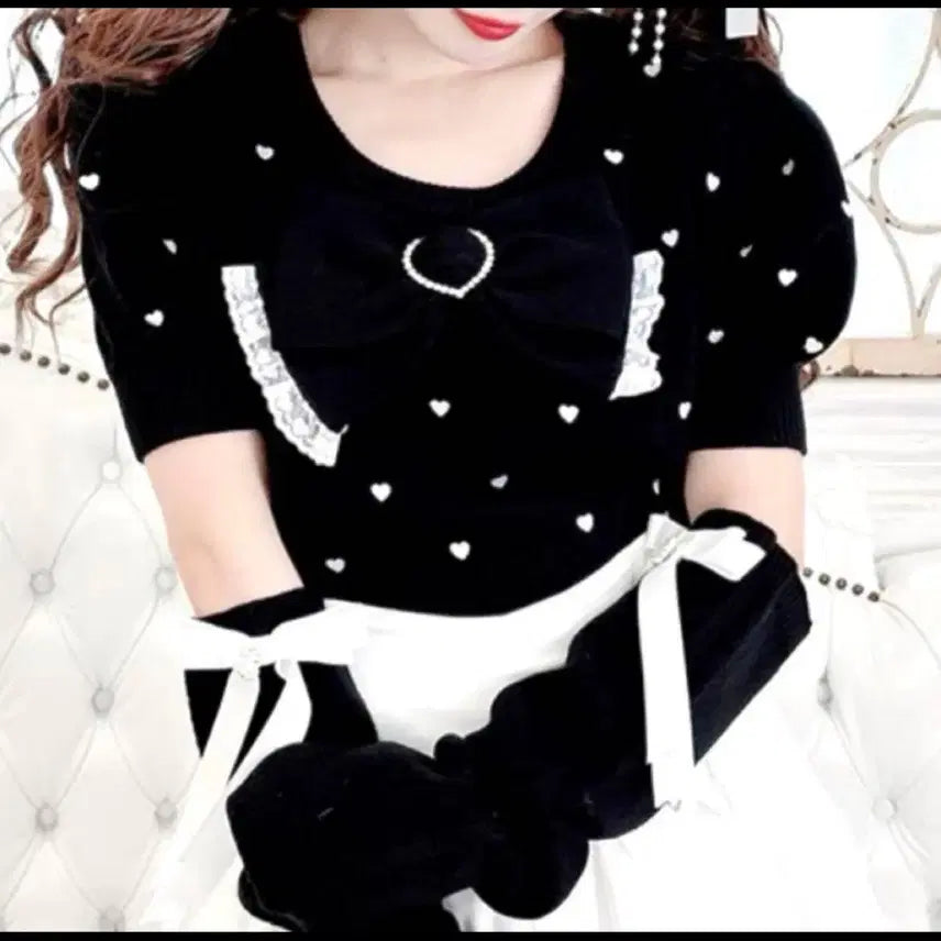[BUNJANG] Mazz Yangjirye-gye Ribbon Heart Warmer Set Knit T-shirt / 마즈 양지뢰계 리본 하트 워머 세트 니트 반팔