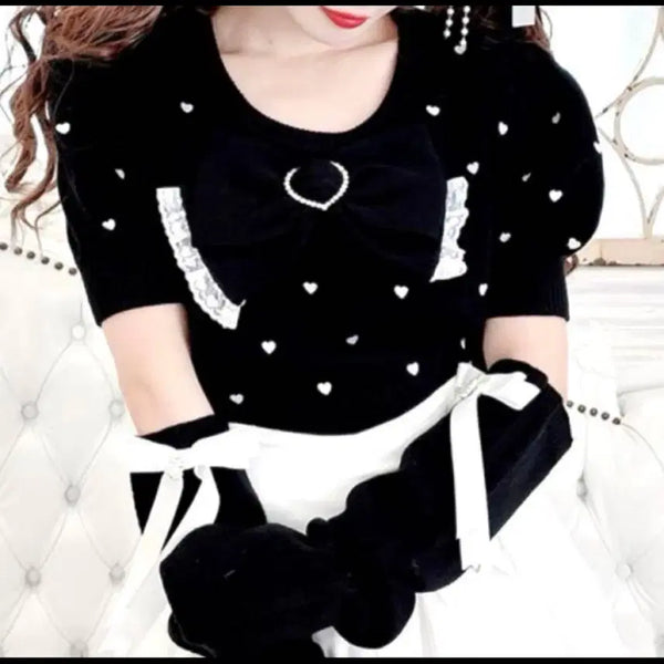 [BUNJANG] Mazz Yangjirye-gye Ribbon Heart Warmer Set Knit T-shirt / 마즈 양지뢰계 리본 하트 워머 세트 니트 반팔