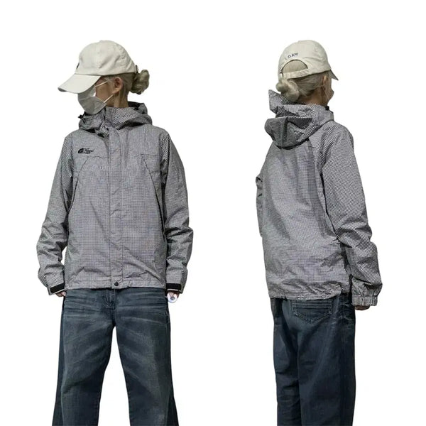 [BUNJANG] The North Face Grey Check Hooded Windbreaker Track Jacket L / 노스페이스 그레이 체크 후드 바람막이 트랙 자켓 L