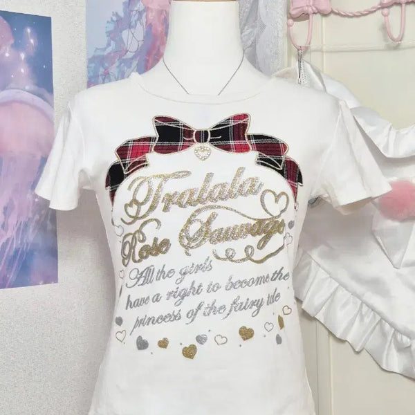 [BUNJANG] Hey Say Himegyaru Riz Lisa Tartan Check Ribbon Cubic Charm Lettering Top / 트랄라라 타탄체크 리본 큐빅참 레터링 탑 헤이세이 히메갸루 리즈리사