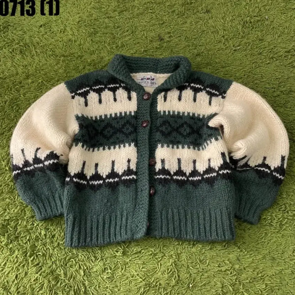 [BUNJANG] Toewer Bis Jacquard Vintage Knit Cardigan Ivory Green S / 투에르 비스 자가드 빈티지 니트 가디건 아이보리 그린 S