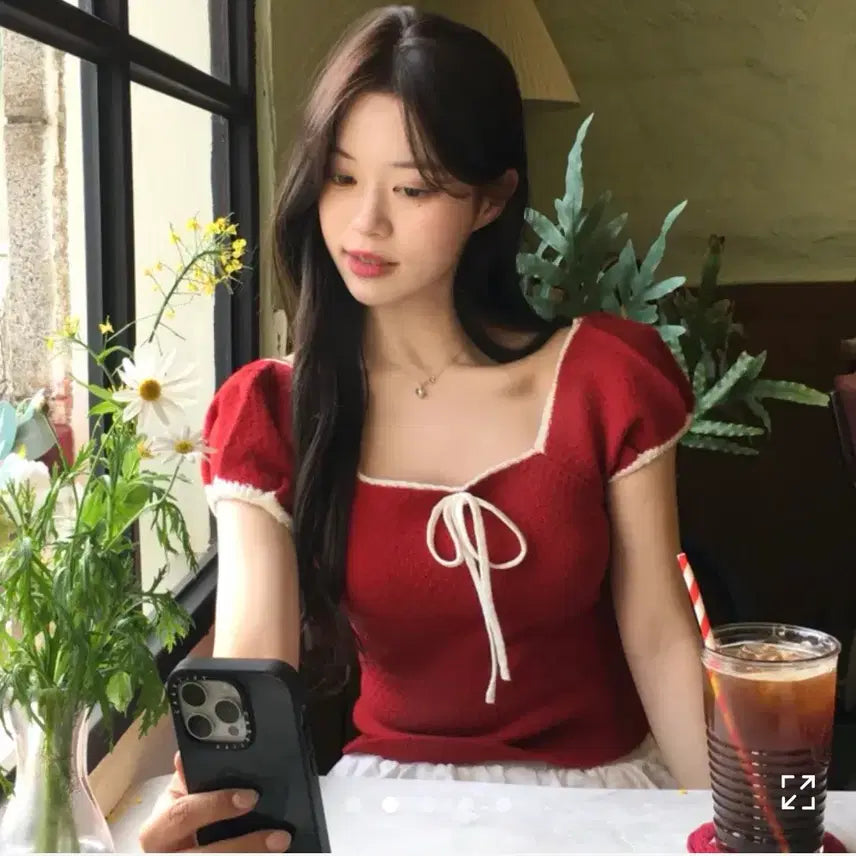 [BUNJANG] Colorblock Ribbon Short Sleeve Knit Red / 배색 리본 반팔 니트 레드