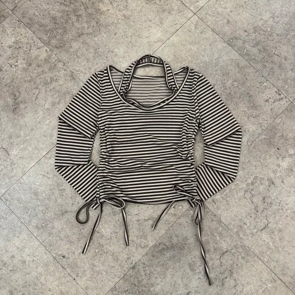 [BUNJANG] Stripe Shirring Halterneck Long Sleeve Top / 스트라이프 셔링 홀터넥 롱슬리브 #csz719