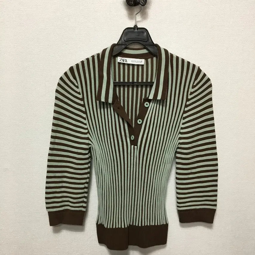 [BUNJANG] ZARA Women's Striped Collar Neck Knit T-shirt / 자라 여성 스트라이프 카라넥 니트티