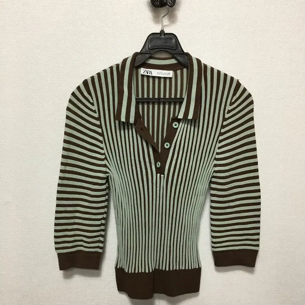 [BUNJANG] ZARA Women's Striped Collar Neck Knit T-shirt / 자라 여성 스트라이프 카라넥 니트티