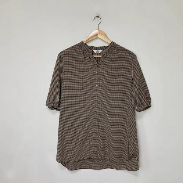 [BUNJANG] J.Press Check Henry Neck Half Sleeve Blouse - Chocolate Brown / 제이프레스 노카라 헨리넥 블라우스 체크 반팔 셔츠 초코브라운 빈티지